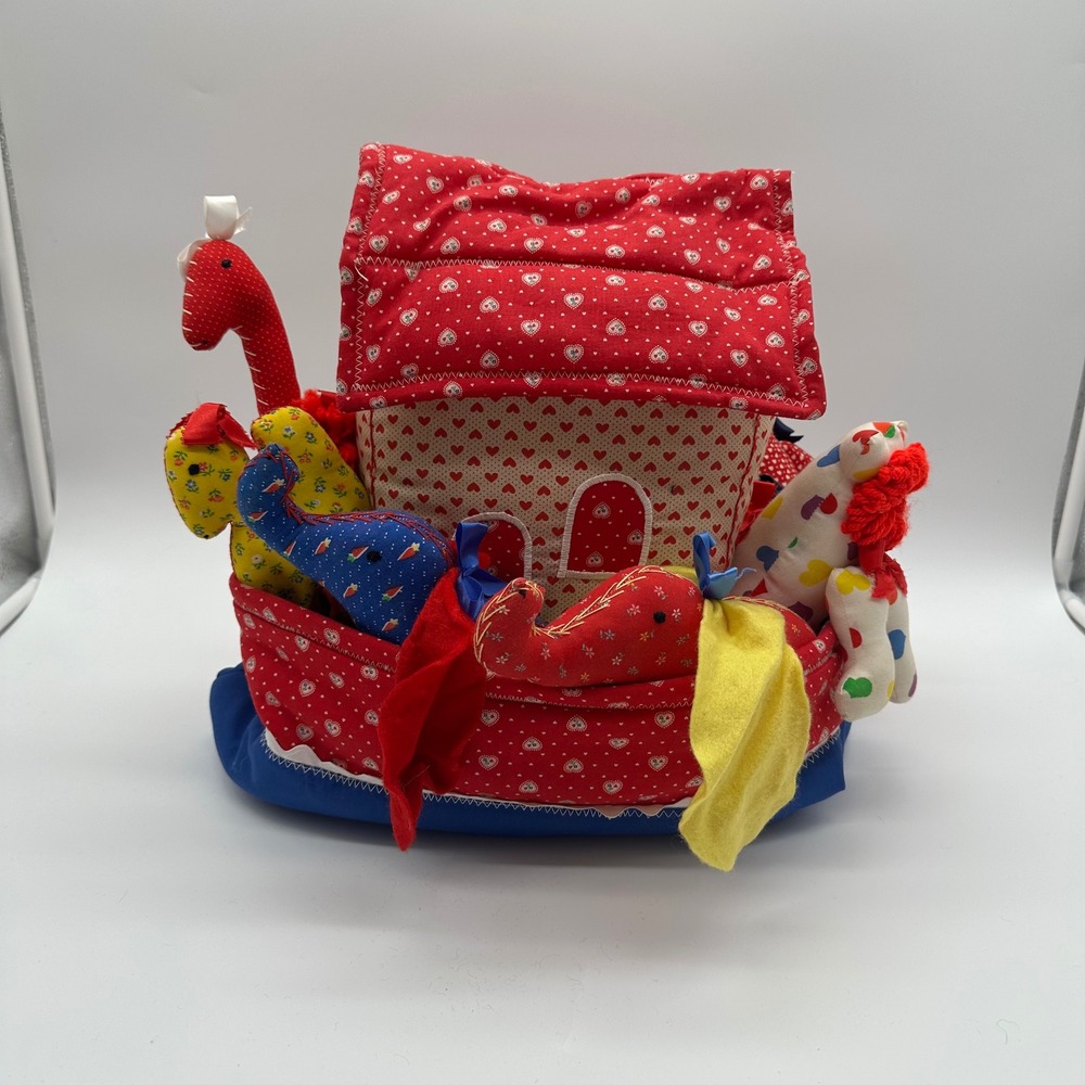 Vintage 80s Handmade Fabric Noahs Ark Play Set with 8 Matching Plush Animals